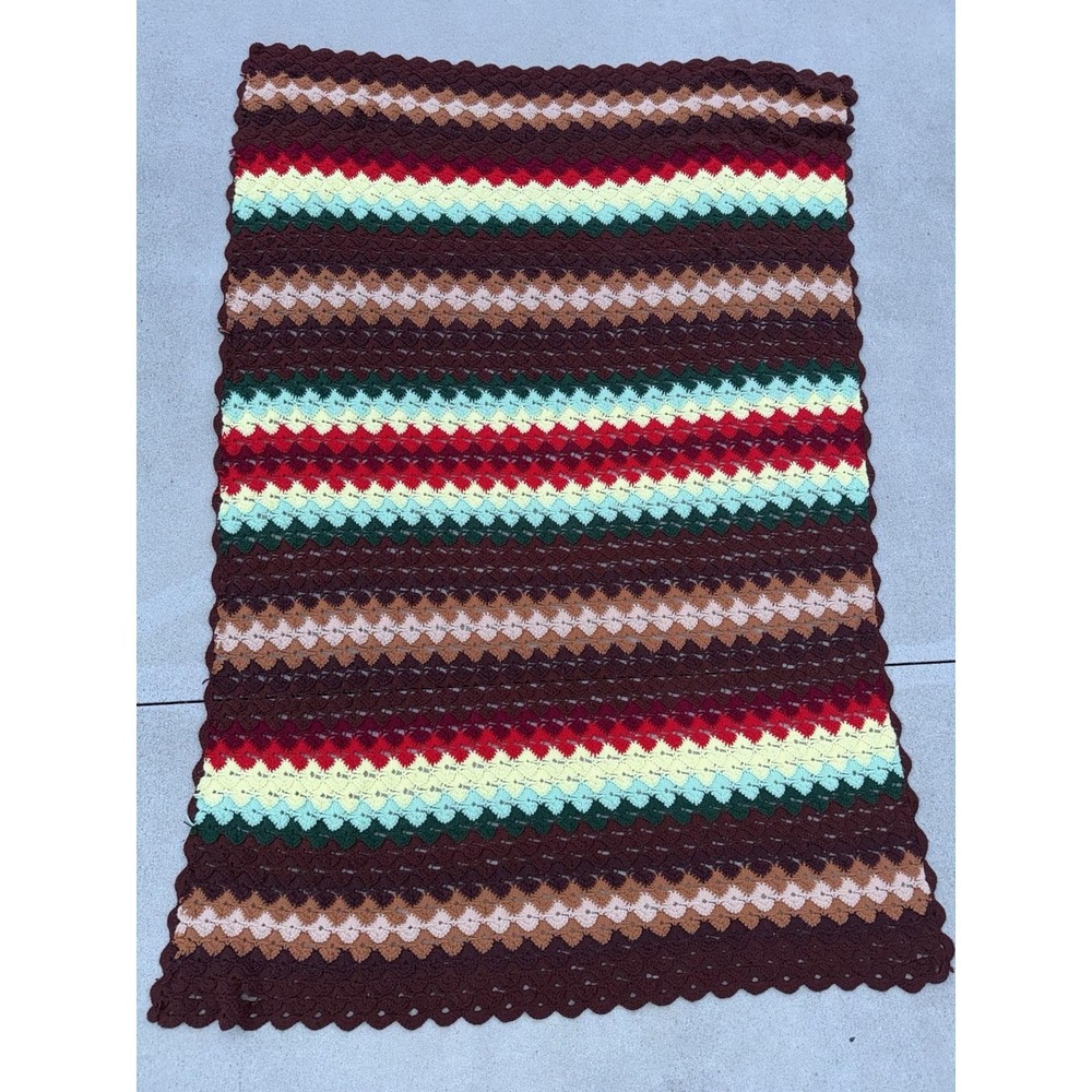 Vintage Handmade Crochet Afghan Blanket Striped Scalloped Edge Brown Multi 74x46